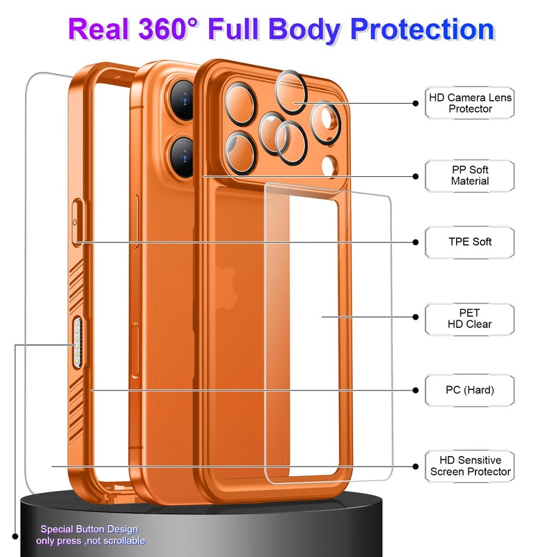 Compatible with iPhone 17 Pro Max Case,Waterproof Built-in Screen & Camera Protector IP68 Underwater Full Body 17FT Military Dropproof Shockproof Phone Case 6.9"-Orange/Clear Orange for iPhone 17 Pro Max 6.9"