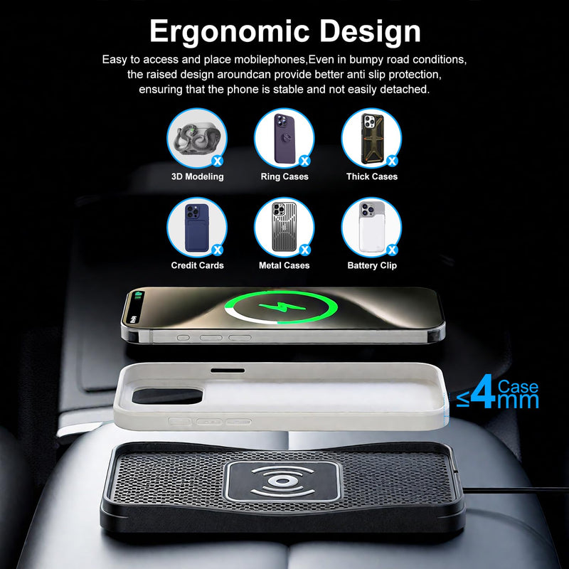 15W Non-Slip Wireless Car Charger Pad with 20W Adapter USB | 15W Fast Charging Pad Non-Slip Design with 20W Adapter, Compatible With iPhone, Samsung Galaxy And Android Phones 7"L x 3.5"W - 39.4" USB