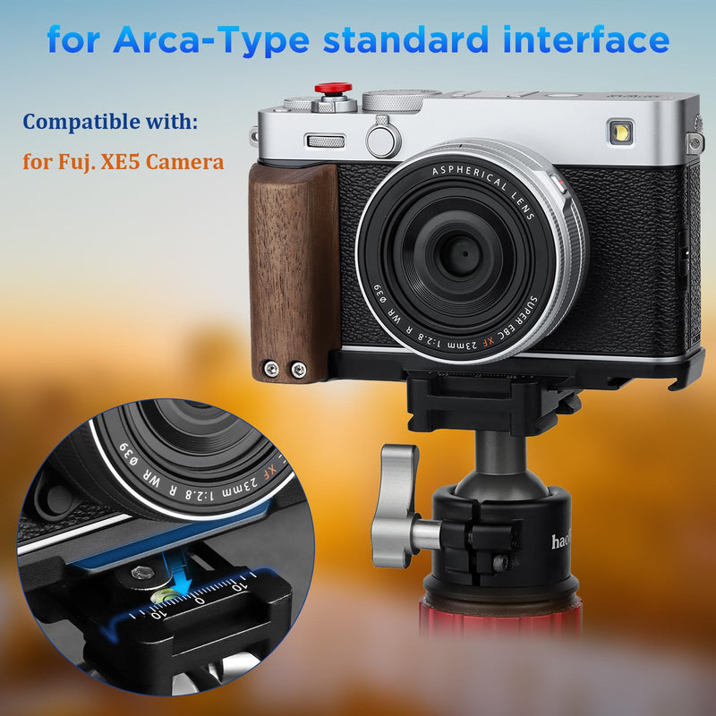 Haoge X-E5 Grip Wooden Side Handle for Fujifilm XE5 Camera - L-Shape Retro Premium Wood Grip with Quick Release Plate, Extra Tripod 1/4 Hole & Hot Shoe Hole Black HG-XE5-B