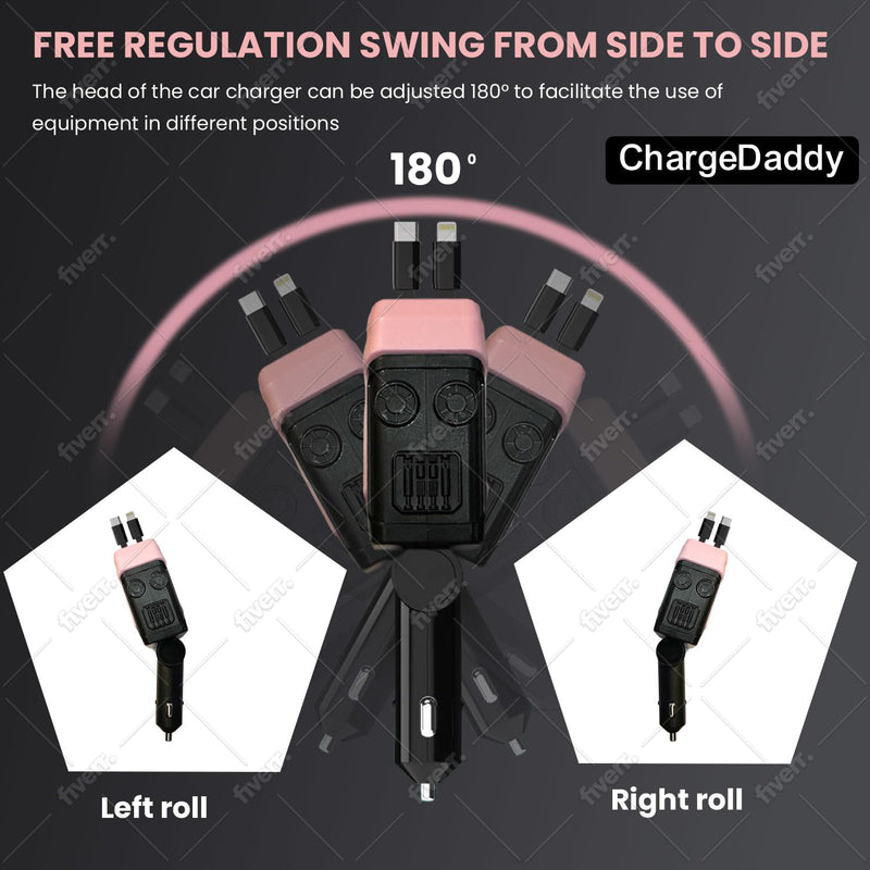 4-in-1 Retractable Car Charger, 120W Fast Charging, USB & Type-C Ports, Pink