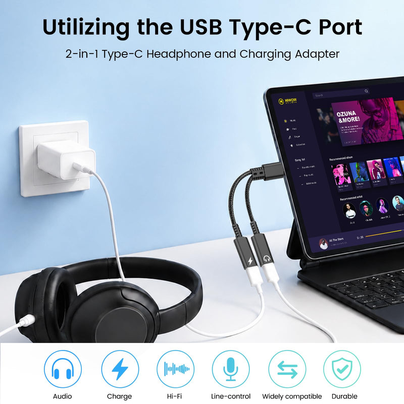 USB C Splitter 1 in 2 Out, Dual USB C Headphone and Charger Adapter, Type C Audio Jack Dongle with PD 60W Fast Charging Cable for iPhone 17 16 15 Pro Max, iPad, Samsung Galaxy S25 S24 Ultra More USBC