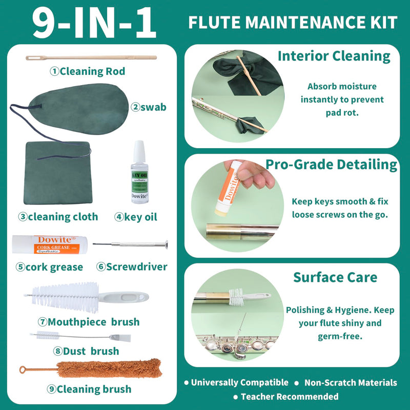 [AUSTRALIA] - Flute Cleaning Kit 9-in-1 with Key Oil and Microfiber Swab, Professional Woodwind Care Set for Flute and Piccolo Maintenance, Includes Cleaning Rod, Mouthpiece Brush and Screwdriver, 6.4oz 