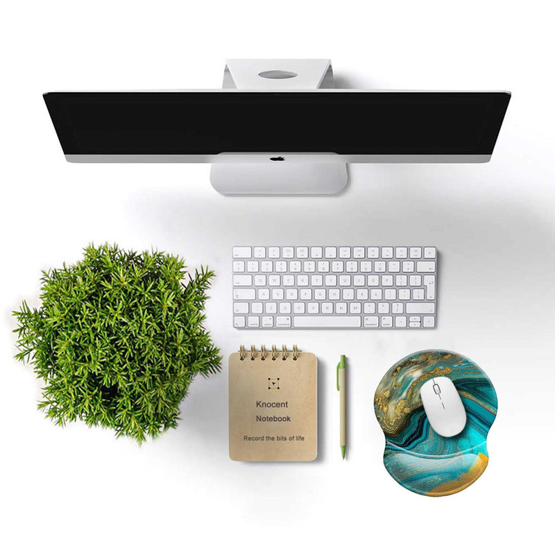 Ergonomic Design Mouse Pad with Wrist Rest Support, Knocent Cute Lycra Cloth, Non-Slip PU Base Mat, Pain Relief Mousepad for Gaming & Working (Wrist Green Gold Marbling) (N7-GL53-R8G9) Wrist Green Gold Marbling