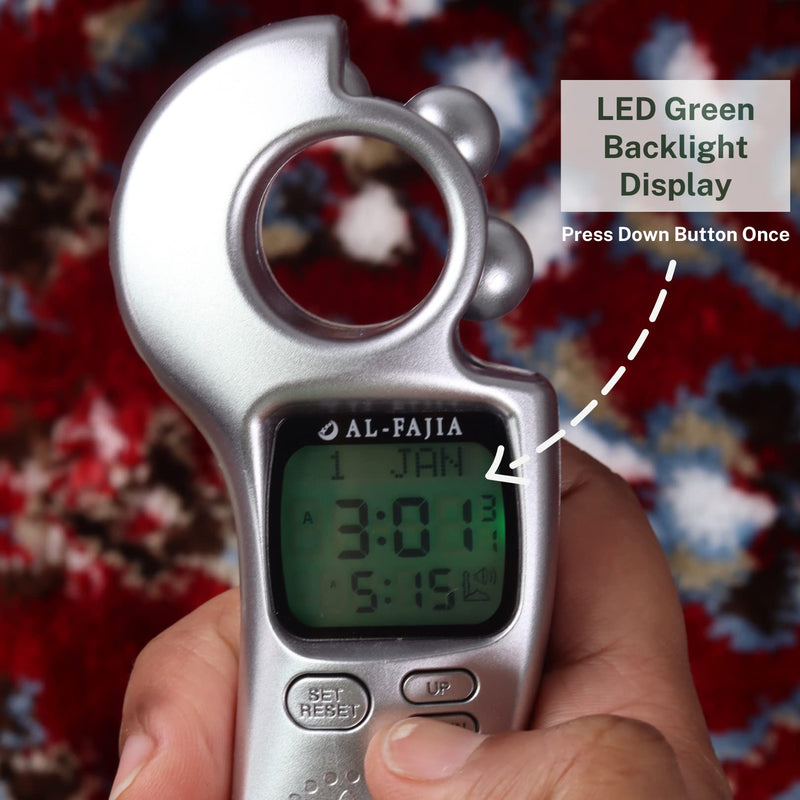Islamic Prayer Time and Athan Sound Reminder Digital Tasbih Counter, Full Azan Clock for USA and Worldwide, Portable Silver