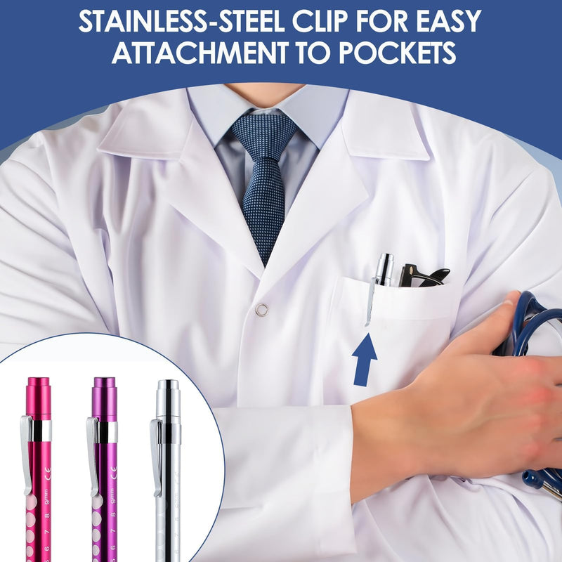 Set of 3 Pupil Light in Purple, Pink, Silver, LED Torch Eye Light, Portable Light Pen with Pocket Clip, Ruler, Pupil Meter, Pupil Light, Care Accessories