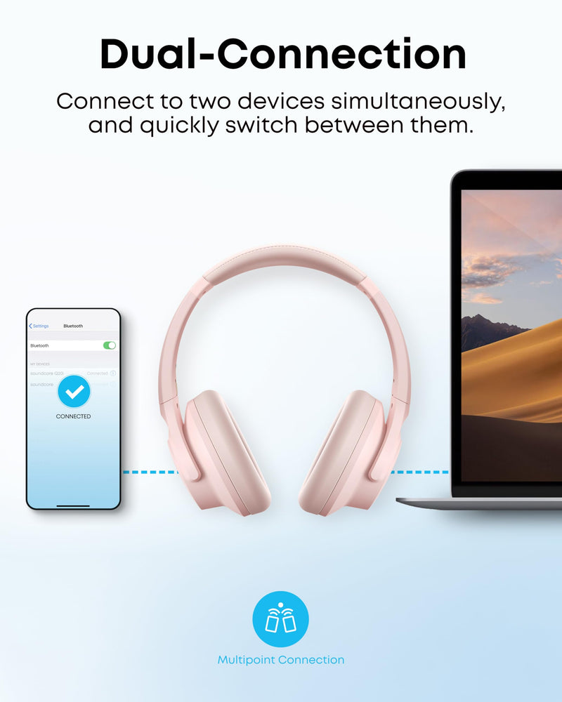 Soundcore by Anker Q20i Hybrid Active Noise Cancelling Headphones, Pink | Over-Ear, Bluetooth, 40H ANC Playtime, Hi-Res Audio, Big Bass, Transparency Mode, Customize via App, Travel, Home, Office Standard Modern