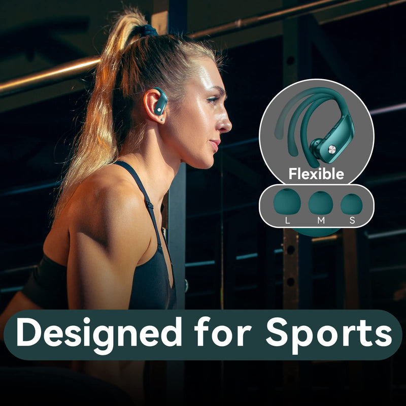 2 Sets Wireless Earbuds Bluetooth Headphones 48hrs Play Back Sport Earphones with LED Display Over-Ear Buds with Earhooks Built-in Mic Headset for Workout Mint Green+Green