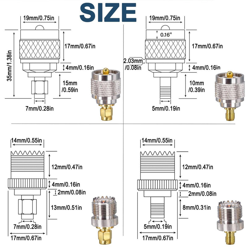 DAOKAI SMA to UHF Antenna Adapter Set, PL259 SO239 UHF to SMA FR Coaxial Male to Female Adapter Set 4 Type for Walkie Talkie, Coaxial Cable, FPV