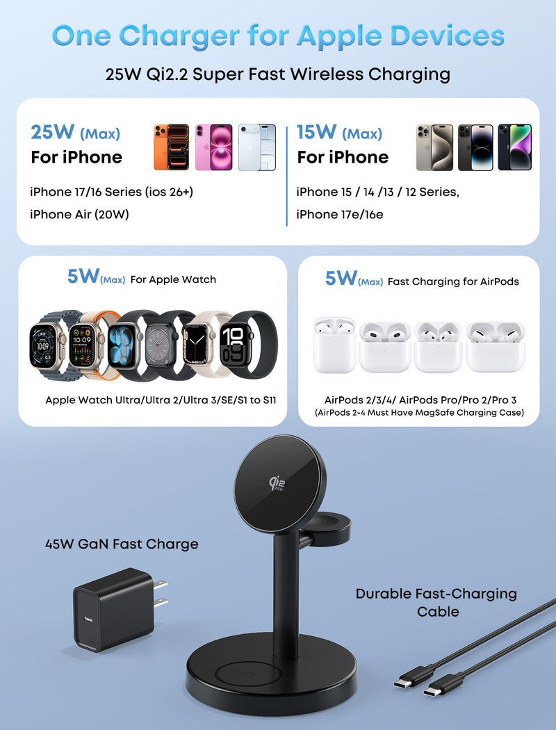 Aeinidi 25W 3 in 1 Wireless Fast Charging Station for Apple MagSafe Charger | Strong Magnetic Cool Charging Stand for iPhone 17 16 15 14 13 12, Apple Watch & AirPods, 45W Adapter Included Classic Black