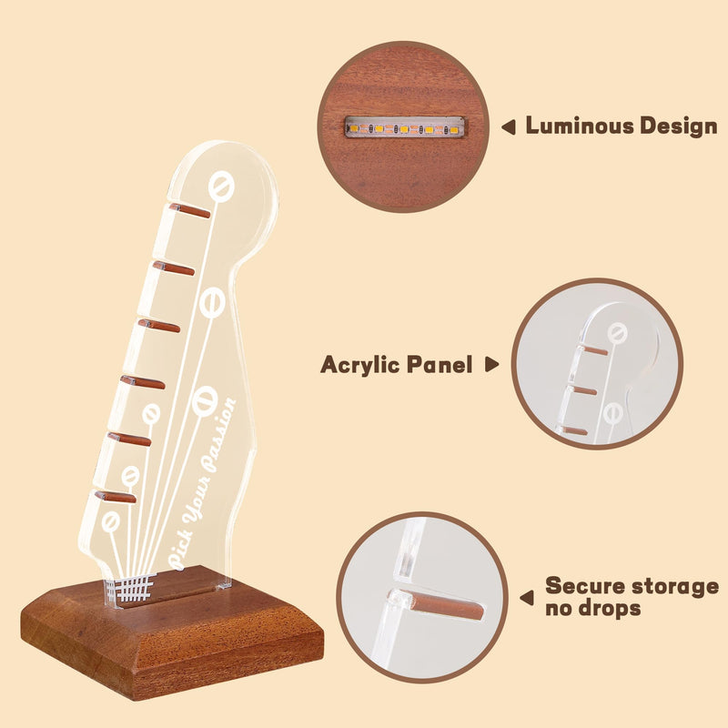 Light Up Guitar Pick Holder, Acrylic Electric Guitar Headstock Shaped Pick Holder with Wooden Base for Picks Storage and Display, Gift for Guitar Players Guitarists Guitar Pick Holder-a