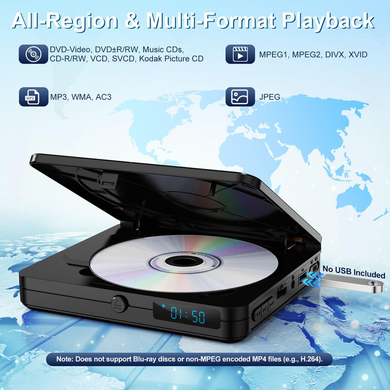 [AUSTRALIA] - Mini DVD Player with Remote Control - All Region Free 1080P HD Small Compact CD DVD Player for Smart TV & Projector, Features HDMI Output, Headphone Jack, USB 2.0 Input, PAL/NTSC Support 