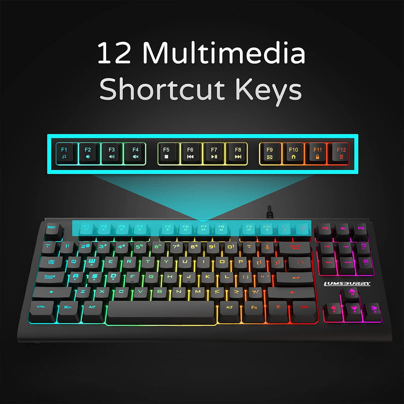 Rainbow LED Backlit 87 Keys Gaming Keyboard, Compact Keyboard with 12 Multimedia Shortcut Keys USB Wired Keyboard for PC Gamers Office