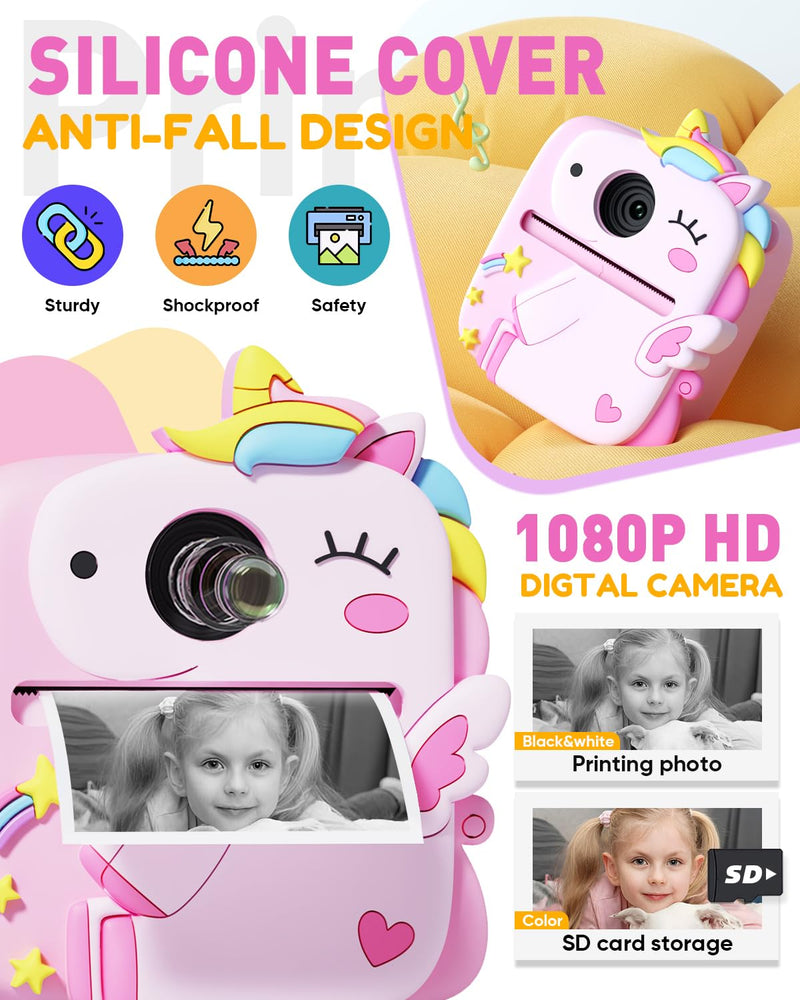 Instant Print Camera for Kids, Christmas Birthday Gifts for 3-8 Year Old Boys Girls, 1080P Kids Digital Camera Toys for Kids Age 3 4 5 6 7 8 with Silicone Cover-Pink Pink