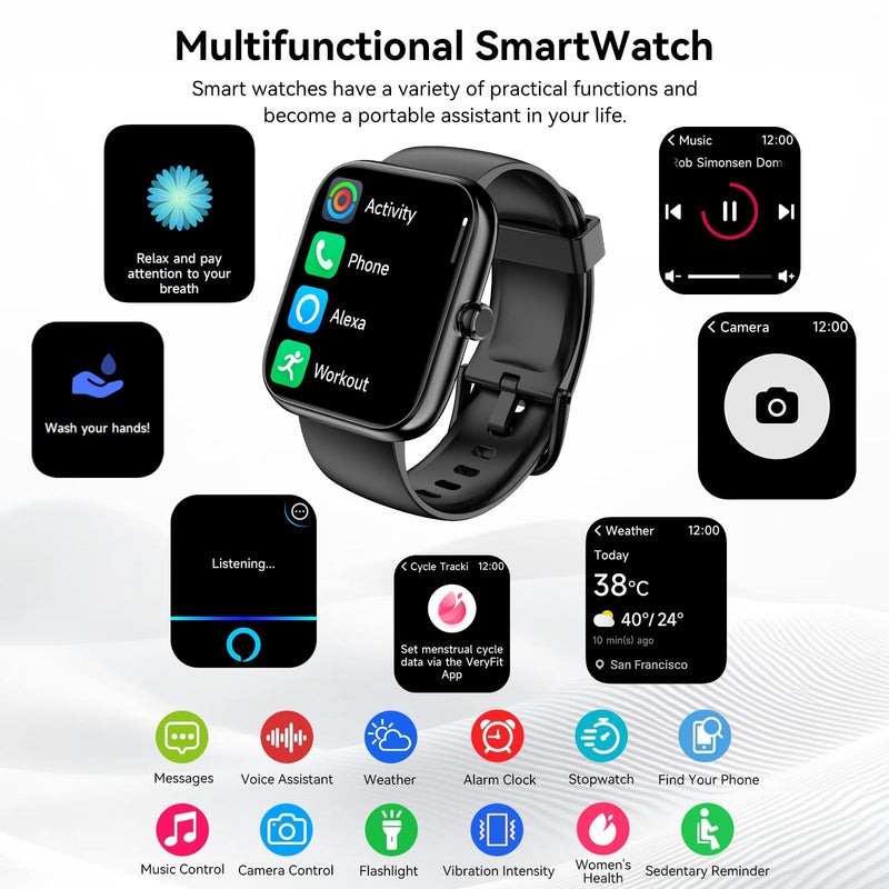 Smart Watch with Alexa Built-in, Bluetooth Calls/Notifications, 1.83" HD Health Fitness Tracker, 24/7 Heart Rate and Sleep Tracking, 120+ Sports Modes, IP68 Waterproof for iPhone and Android (Black)