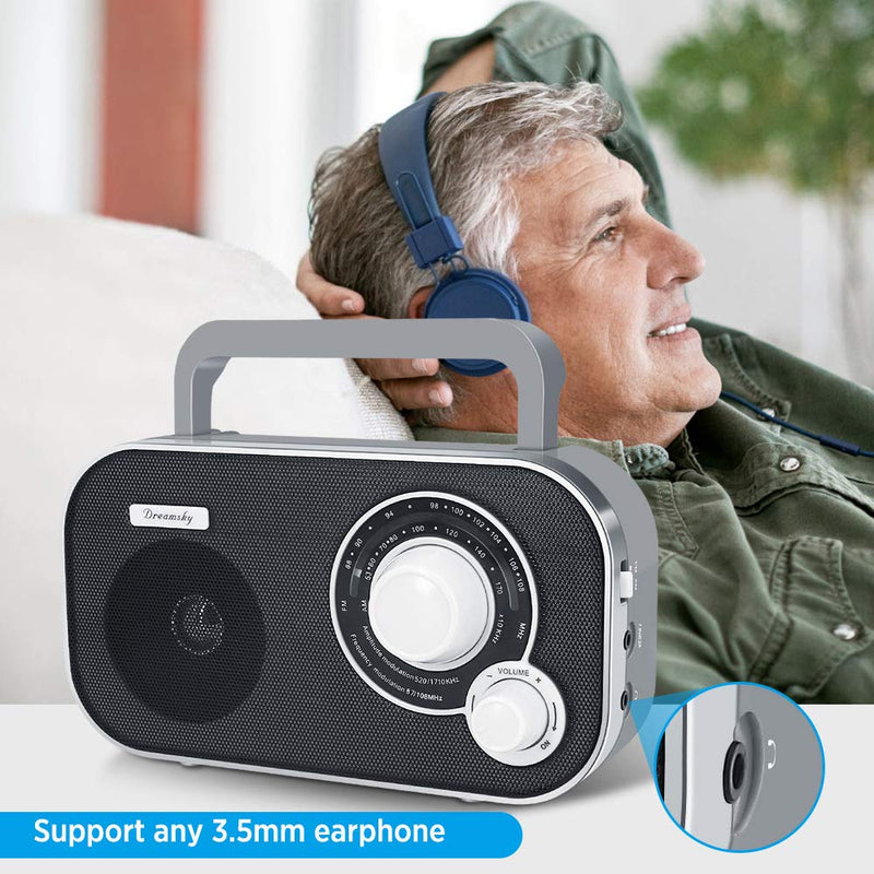 DreamSky AM FM Portable Radio Plug In Wall or Battery Operated for Home & Outdoor, Strong Reception & Sound, Large Dial Easy to Use, Transistor Antenna, Headphone Jack, Small Gifts for Seniors Elderly Grey