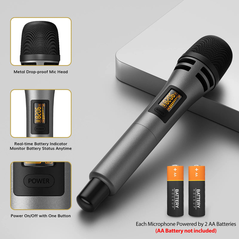 TONOR Wireless Microphones, Dual UHF Karaoke Microphone System, Microfonos Inalambricos with Rechargeable Receiver, Cordless Dynamic Mics Set for Singing, Wedding, Party, 60 m/200ft TW320, 2 Mics Grey