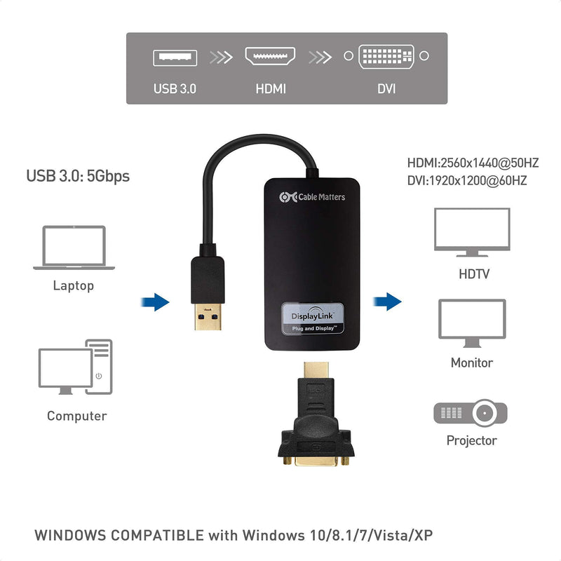 Cable Matters SuperSpeed USB 3.0 to HDMI Adapter (USB to HDMI Adapter) for Windows in Black & 6 Foot Mini DisplayPort to HDTV Cable