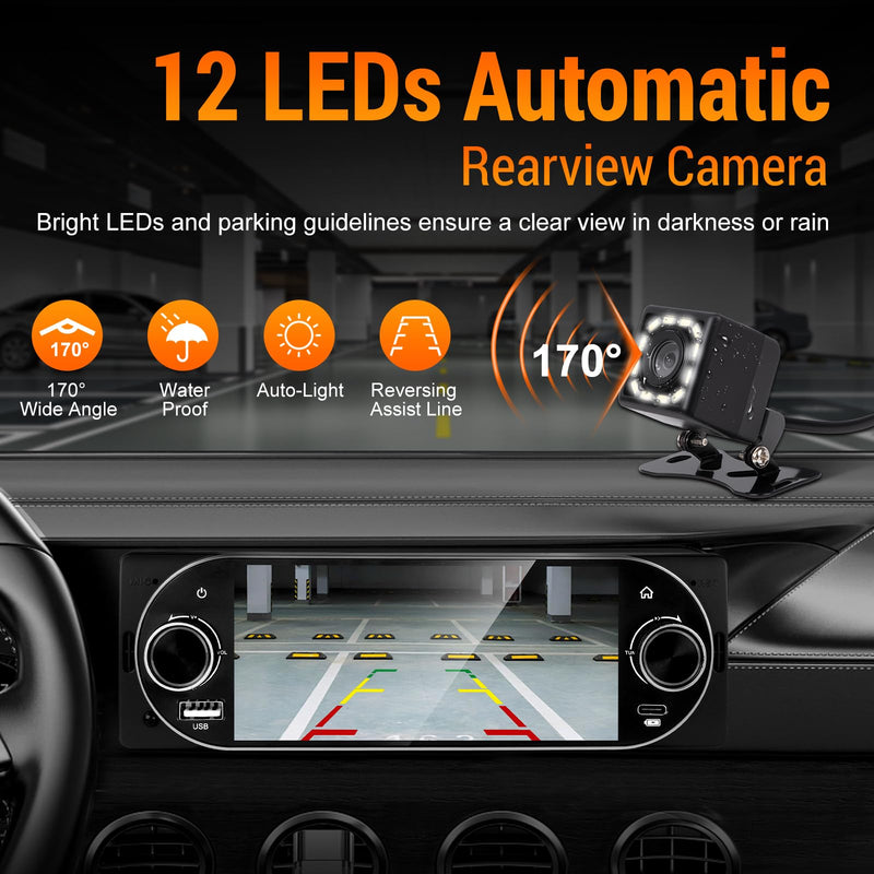 Single Din Car Radio with Apple CarPlay, Backup Camera，External Mic,Single Din Touchscreen Radio Supports Android Auto, Bluetooth, Dual Physical Knobs,SWC, EQ, FM Radio (Black) Black
