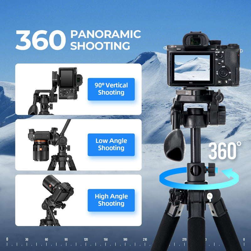Ambitful 62" Professional Camera Tripod | Removable Horizontal Mount for DSLR/Phone/Camcorder/Spotting Scopes, Tall Video Recording