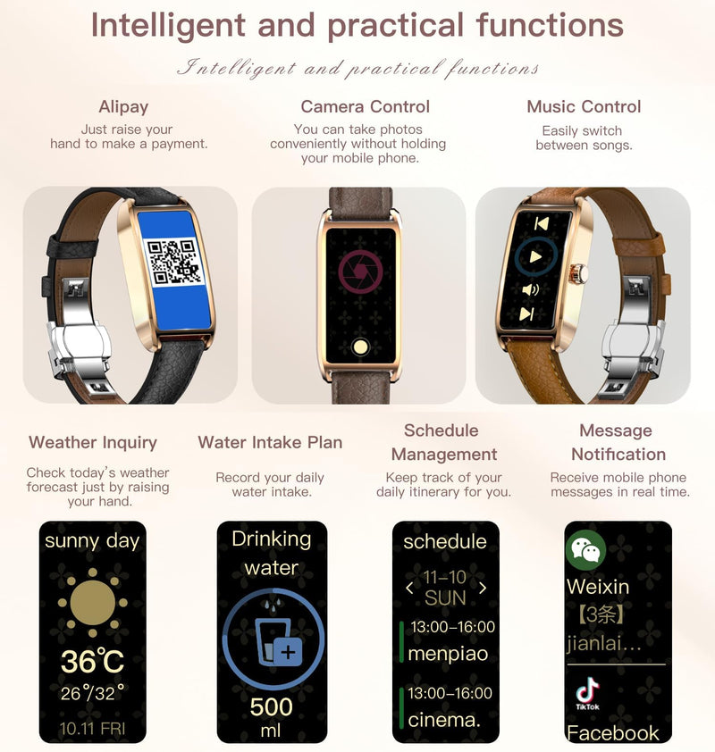 Fitness Tracker for Women Ladies Fitness Watch Dressy Leather Strap Alloy Case Luxury Fashion Heart Rate Monitor Sleep Tracker Pedometer Step Counter Waterproof Elegant Smart Watches for Womens Rose Gold Light Brown