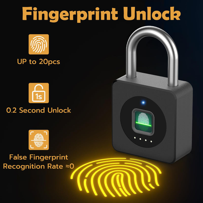 [AUSTRALIA] - Pothunder Fingerprint Padlock, Fingerprint Lock with APP, Padlock with Steel Cable Keyless Biometric, Smart Padlock Waterproof Suitable for Gym, Locker, Helmet, Gate, Fence, Luggage Black with Cable 