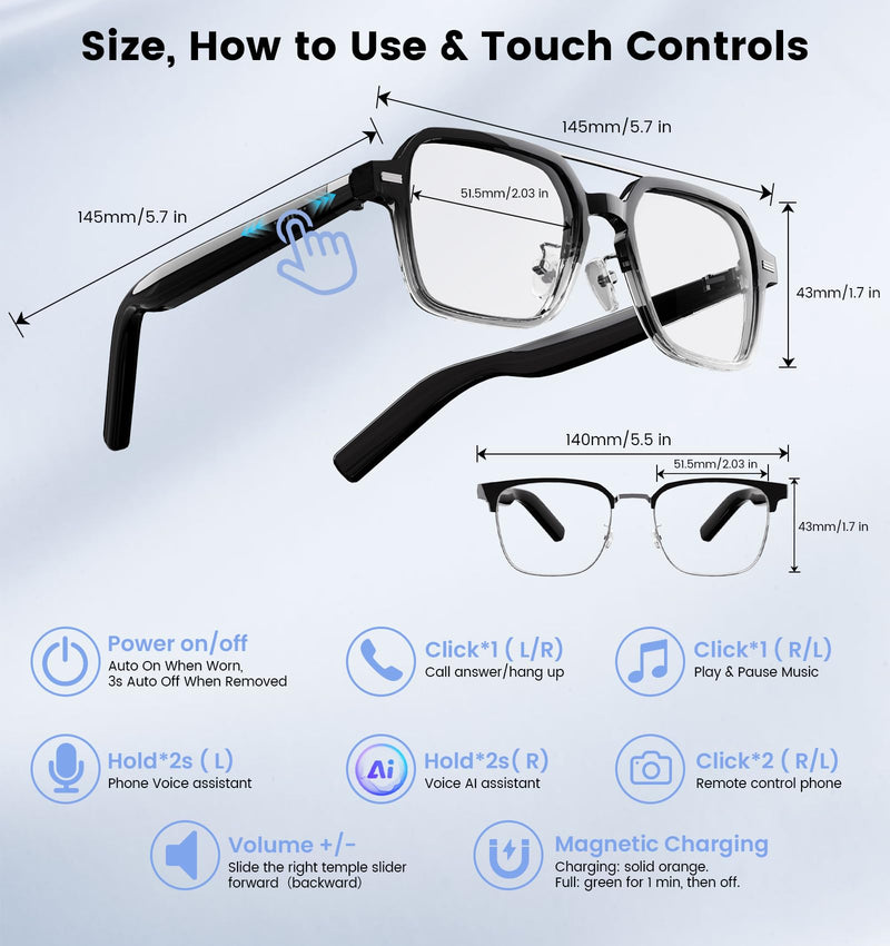 Smart Audio Bluetooth Glasses for Men & Women – Wear-Induction Auto On/Off, Photochromic + Blue Light Blocking Interchangeable Frames, AI Real-Time Translation Smart Sunglasses, Hands-Free Calls Photochromic Lenses+Anti-Bluelight Lenses