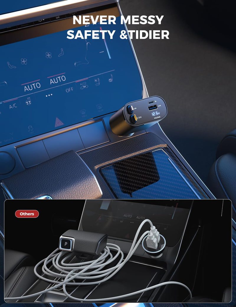 【Upgraded】 SUPERONE Retractable Car Charger 4 in 1, Fast Car Phone Charger with Cord 2.6ft, USB C and Lightning Car Charger Adapter, Compatible with iPhone 15/15 Pro Max/14/13/12/11, Galaxy, Pixel Black