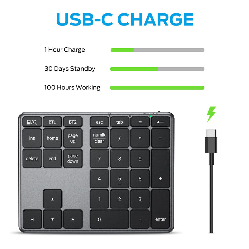 [AUSTRALIA] - iClever Number Pad, Aluminum Wireless Number Pad for Multi Devices, USB-C Rechargeable, External 34-Keys Bluetooth Keyboard for Data Entry, Compatible for Laptop, Mac, iMac, Tablet, PC Desktop Black 