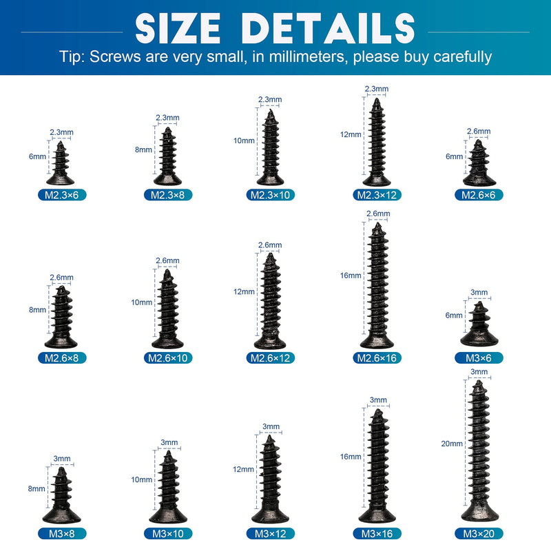 NINDEJIN 450PCS Miniature Phillips Flat Head Tapping Screws, M2.3 M2.6 M3 Countersunk Repair Screws Assortment Set, Black Self-Tapping Electronic Screw for Computer PC Pan Motherboard Glasses Watches | Carbon Steel, for Computer PC Pan Motherboard Glas...