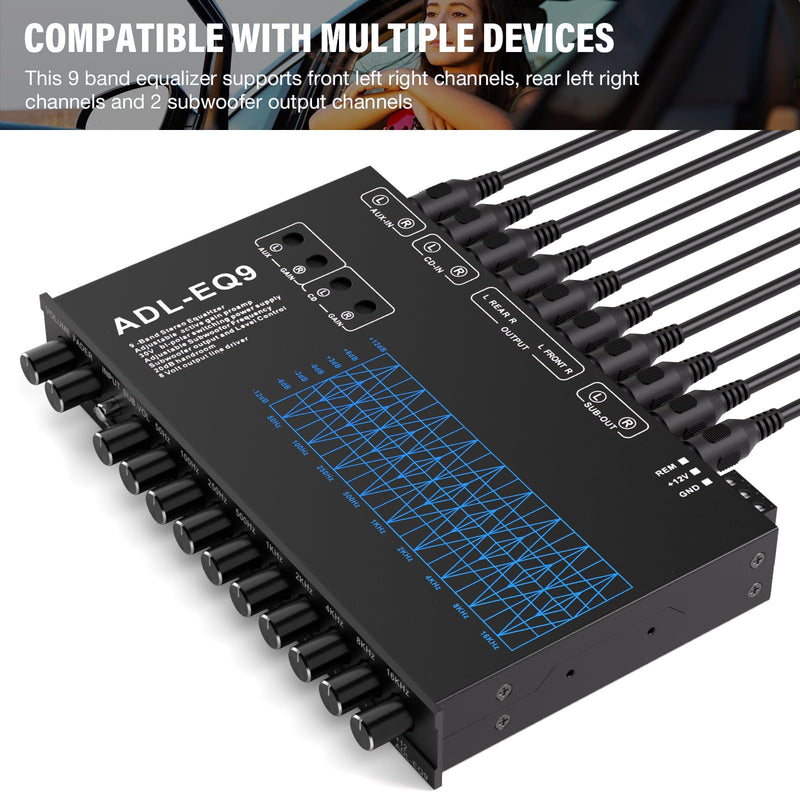 9 Band Car Audio Equalizer w/Front,Rear + Sub Output, 8V RMS Line Driver | Car Graphic Equalizer EQ, Frequency Adjustable Audio Output for Car, Boat W/CD/AUX Input, White Light Illumination 9 - Band
