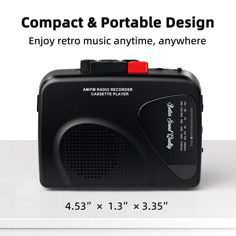 Cassette Player Tape Recorders AM/FM Radio, Portable Tape Player Records Built in Speakers Manual Record - 2AA Battery Or DC 5V Supply with 3.5MM Earphone- Black