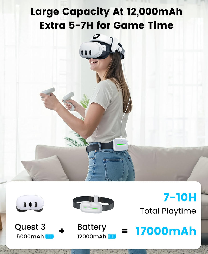 VR Waist Belt Battery Pack for Meta Quest 3S/3/2, 12000mAh