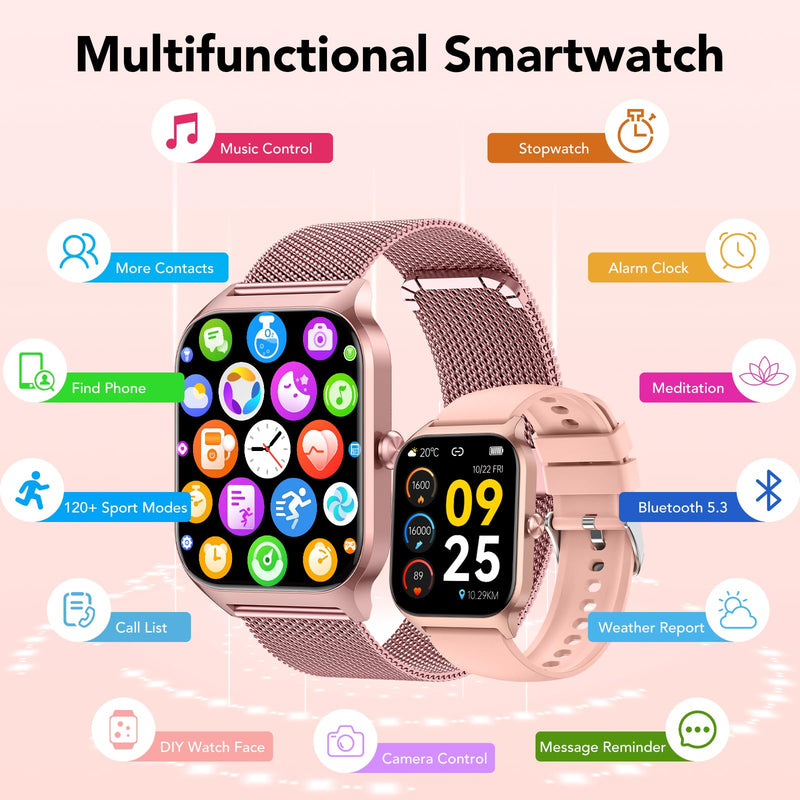 CASCHO Smart Watch for Women (2 Bands), Bluetooth Call Smartwatch with AI Voice,1.85" HD Fitness Watch,Heart Rate/SpO2/Steps/Sleep Monitor,120+ Sports Modes,Smart Watches for Android iOS-Rose Gold Rose Gold 1
