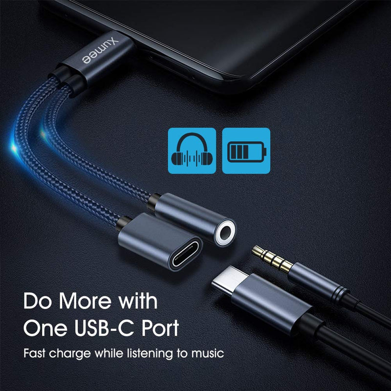 Xumee USB Type C to 3.5mm Headphone and Charger Adapter, 2-in-1 USB C to Aux Audio Jack Hi-Res DAC and Fast Charging Dongle Cable Compatible with iPhone 15 Pro Max,Galaxy S24 S23 Ultra S22 S21 (Grey) Grey