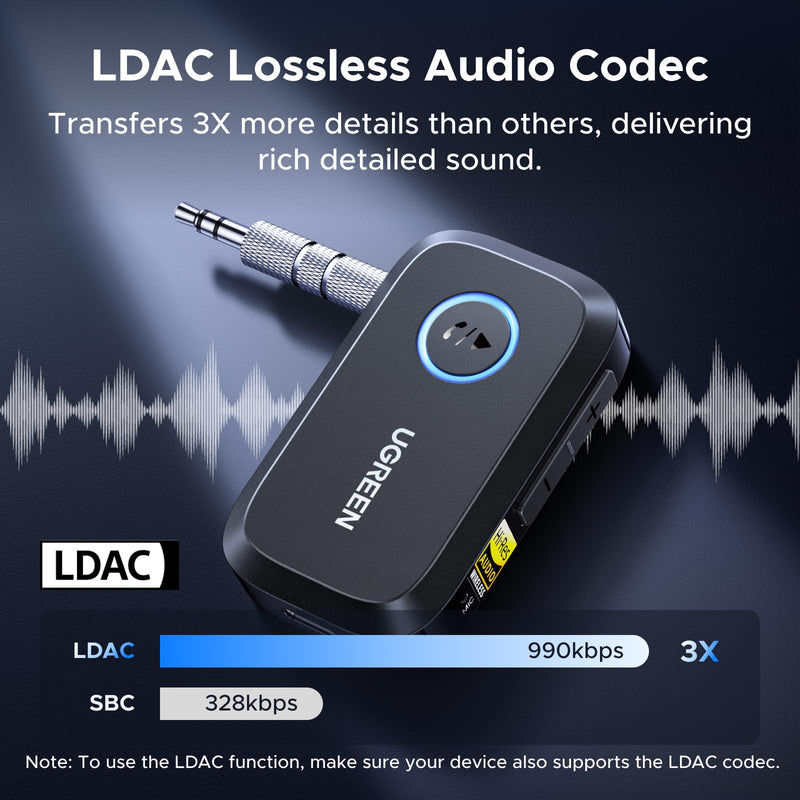 [AUSTRALIA] - UGREEN Bluetooth 6.0 Receiver for Car with LDAC, AI Noise Cancelling 3.5mm AUX Bluetooth Car Adapter, Hi-Res Wireless Audio Receiver for Home Stereo/Wired Speaker with Hands-Free Call,15H Battery Life 