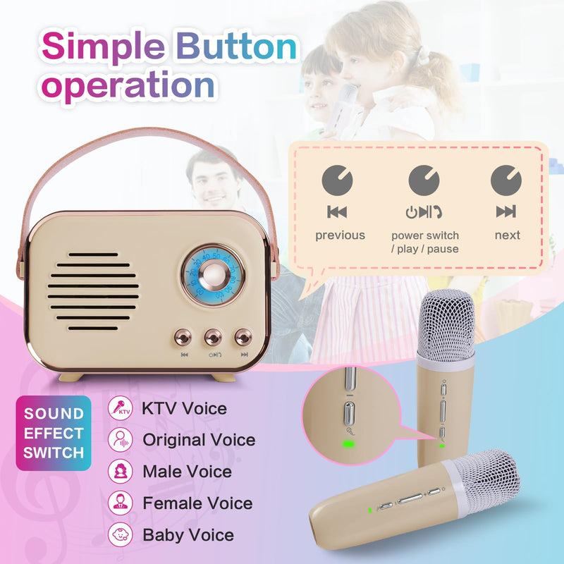 [AUSTRALIA] - Retro Karaoke Machine,Mini Karaoke Machine with 2 Wireless Microphones,Portable Small Karaoke Set Toys for Kids and Adults,Cool Tech Gifts for Birthday Home Party Ideas (Beige 2 Mic) Beige 2 Mic 