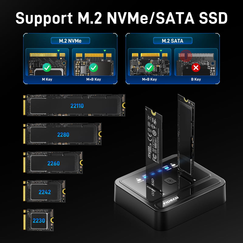 FIDECO M.2 NVMe SATA SSD Cloner Dock, USB 3.2 Gen 2 X 2, 20Gbps M.2 NVMe Cloner Duplicator, Support Offline Clone, UASP and Trim, Plug and Play, Black