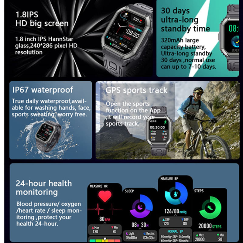 Tuanzi KR06 Sports Smart Watch 1.8 Inch Bluetooth Call Music Play Voice Assistant Health Monitor Multi Sports Modes Fitness Tracker (Green) KR06-Green