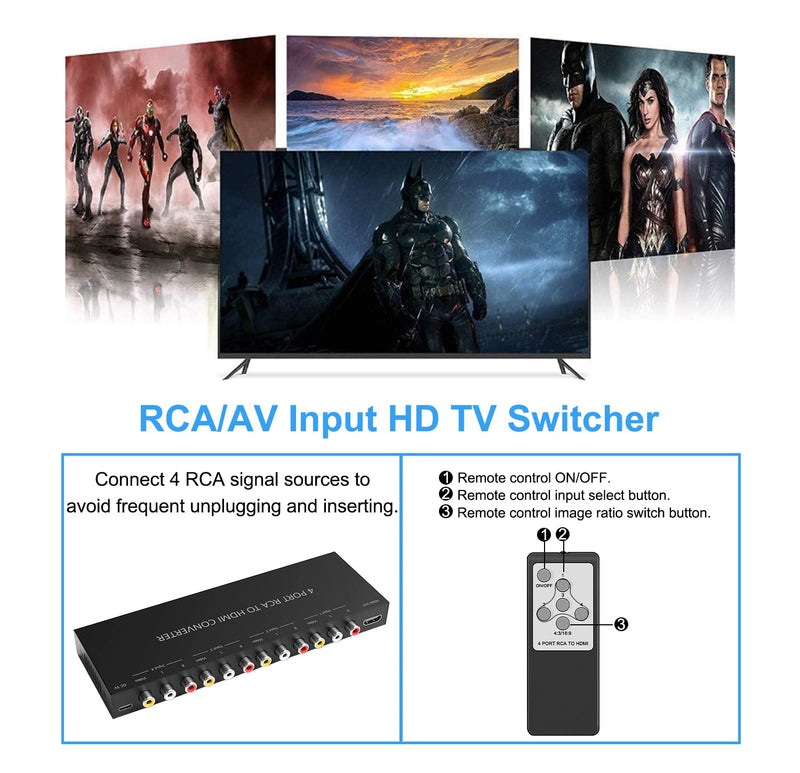 4Port AV to HDMI Converter, 4Port AV to HDMI Switcher with IR Remote, Support 16:9/4:3 and Quick Switch Compatible with WII/N64/SNES/Xbox/PS1/PS2/PS3/VHS/VCR/DVD Players etc.(4AV In-1HDMI Out) 4Port AV to HDMI Converter