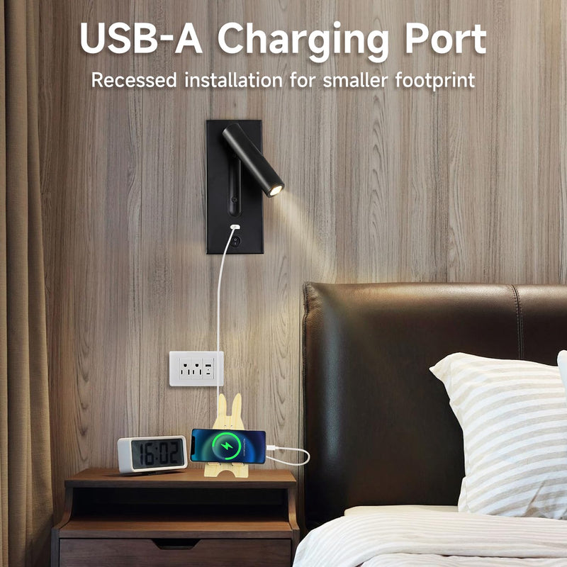 Recessed Wall Lamps Bedside Reading Light, LED Bedroom Lamp Headboard Wall Light Sconce with USB Charger, Hotel Bed Side Decorative Wall Sconces Spotlight, Warm Light, Recessed Mounting, Black