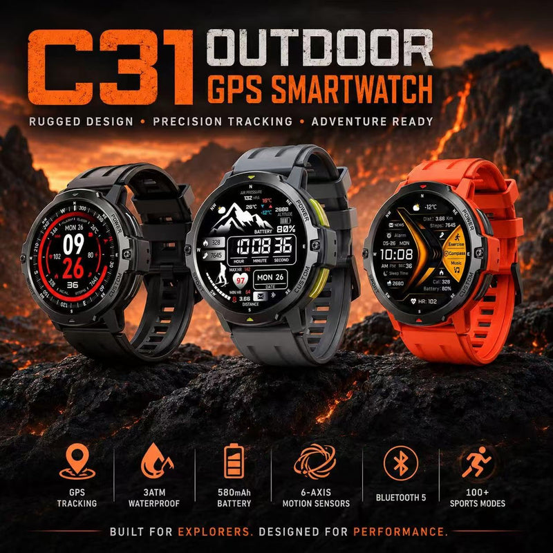 Outdoor GPS Smartwatch C31– Rugged 3 ATM Waterproof Design, 1.46″ TFT Display, 6-Axis Motion Sensors, Built-in GPS Tracking, 580 mAh Long-Life Battery, Bluetooth 5 (Gray) GRAY