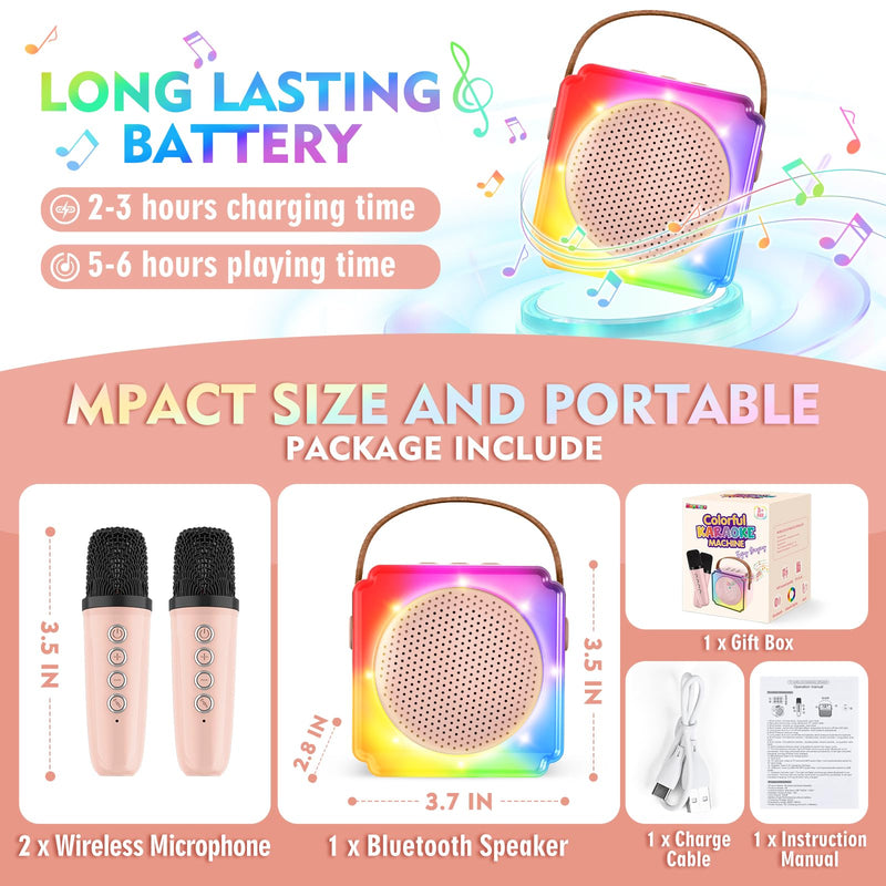 BAYSING Karaoke Machine for Kids, Portable Bluetooth Speaker with 2 Wireless Microphones, Mini Karaoke Machine with LED Light, Ideal Christmas, Birthday Toys Gift for 4, 5, 6, 7, 8, 9 Years Girl, Boy Pink