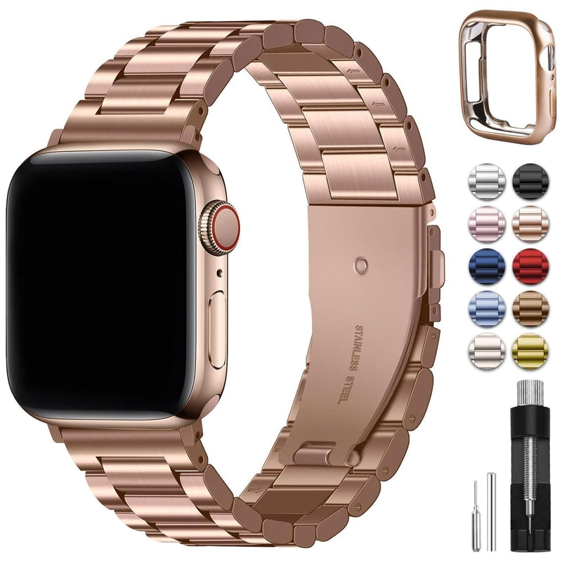 Fullmosa Compatible Stainless Steel Apple Watch Band 44mm/45mm/42mm Rose Gold with Case & Compatible Metal No tool needed Apple Watch Band with Case 44mm/45mm/42mm Rose Gold