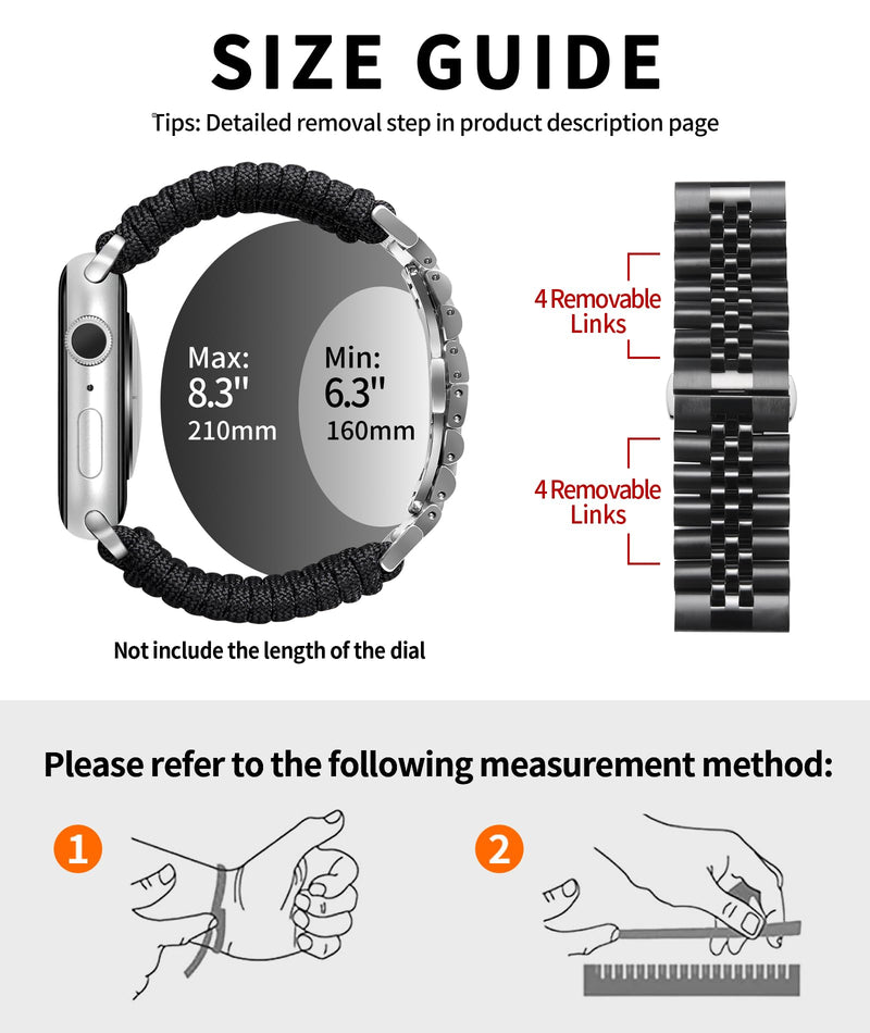 BINLUN Compatible with Apple Watch Band 49mm 46mm 45mm 44mm 42mm 41mm 40mm 38mm Braided Paracord Stainless Steel Sport Watch Strap Fit for iWatch Ultra Series 11/10/9/8/7/SE/6/5/4/3/2/1 for Men Women Gray-Black