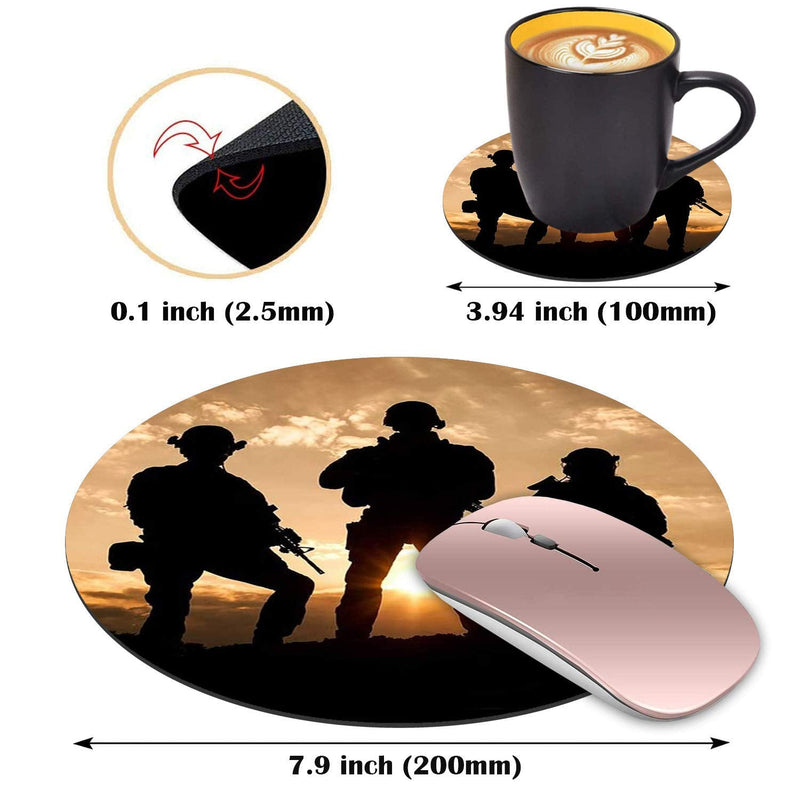 Round Mouse Pad with Coasters Set, American Army Troops Military Design Mouse Pad, Non-Slip Rubber Base Mouse Pads for Laptop and Computer Office Accessories