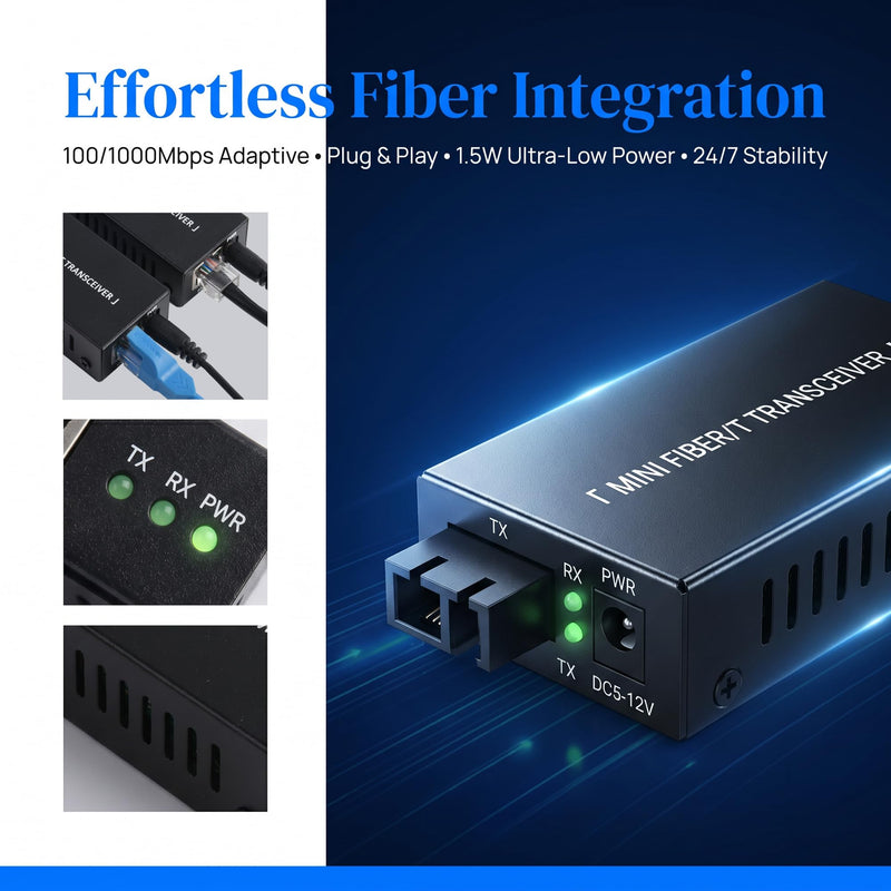Gigabit Fiber Optical Media Converter Network Transceiver 100/1000Mbps | MINI; 1.25G; Auto-Negotiation, Single-mode; 20Km Transmission; SC/UPC,SC/APC to RJ45; US Power Adapter
