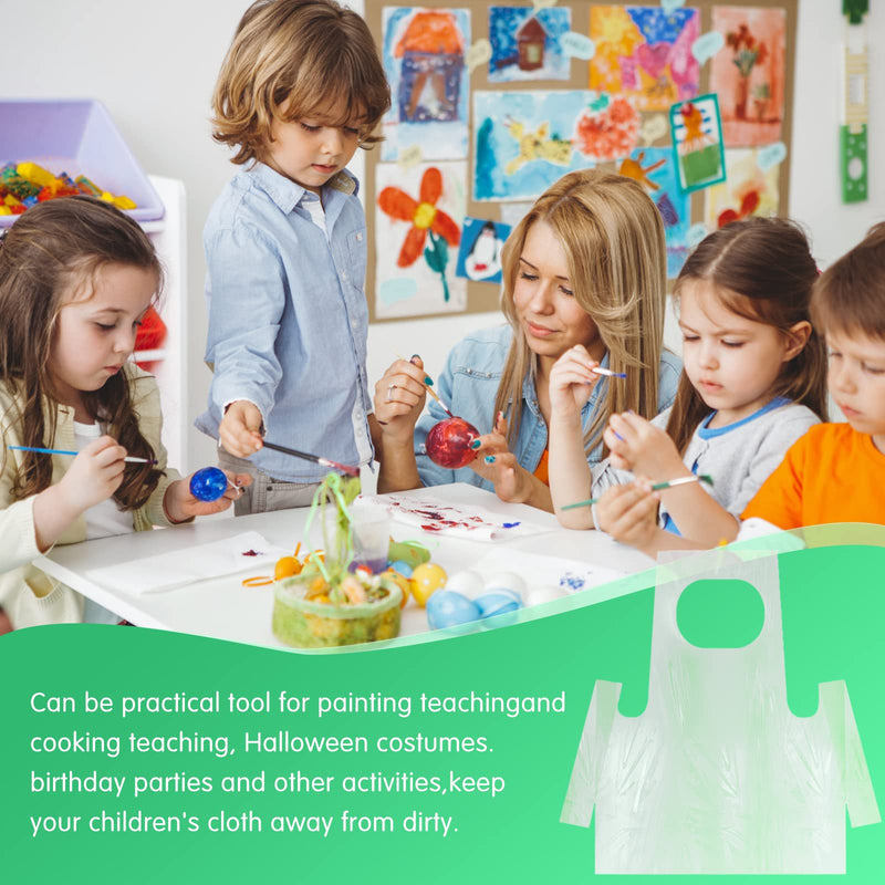 Bazen 100 Pieces Disposable Aprons for Kids Plastic Smocks Clear kids Apron for Toddler Waterproof Oil Proof Art Children Apron for Painting Cooking Eating Teaching Picnic DIY Craft