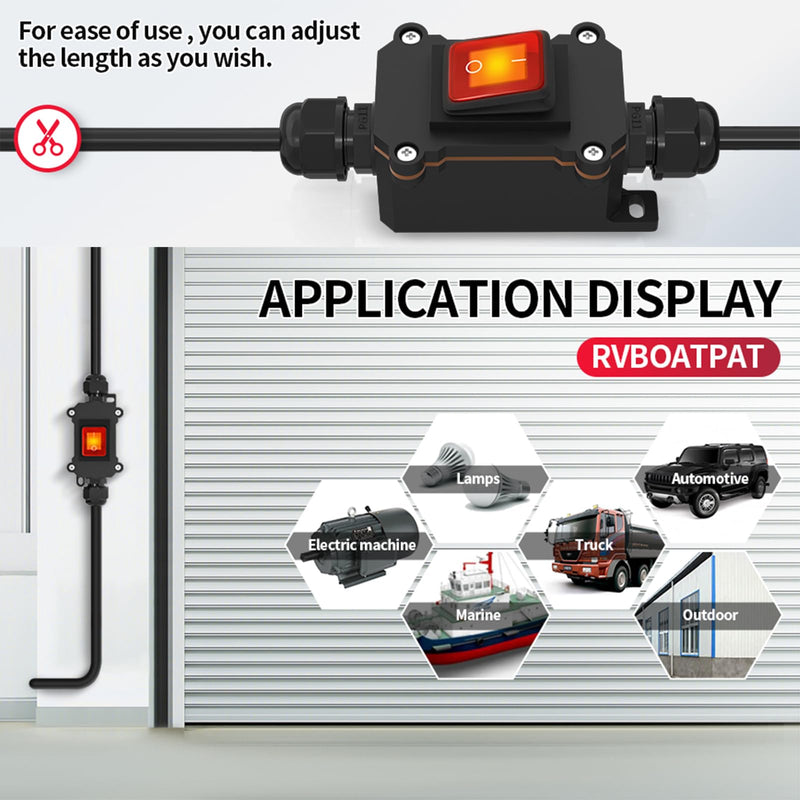 [AUSTRALIA] - 10FT 12V Inline Switch IP68 Waterproof, Outdoor On/Off Toggle Switch with Waterproof Junction Box, DC 12V-24V 20A On Off Switch 12 Volt Inline Cord Switch with Red LED Rocker Button 10FT 