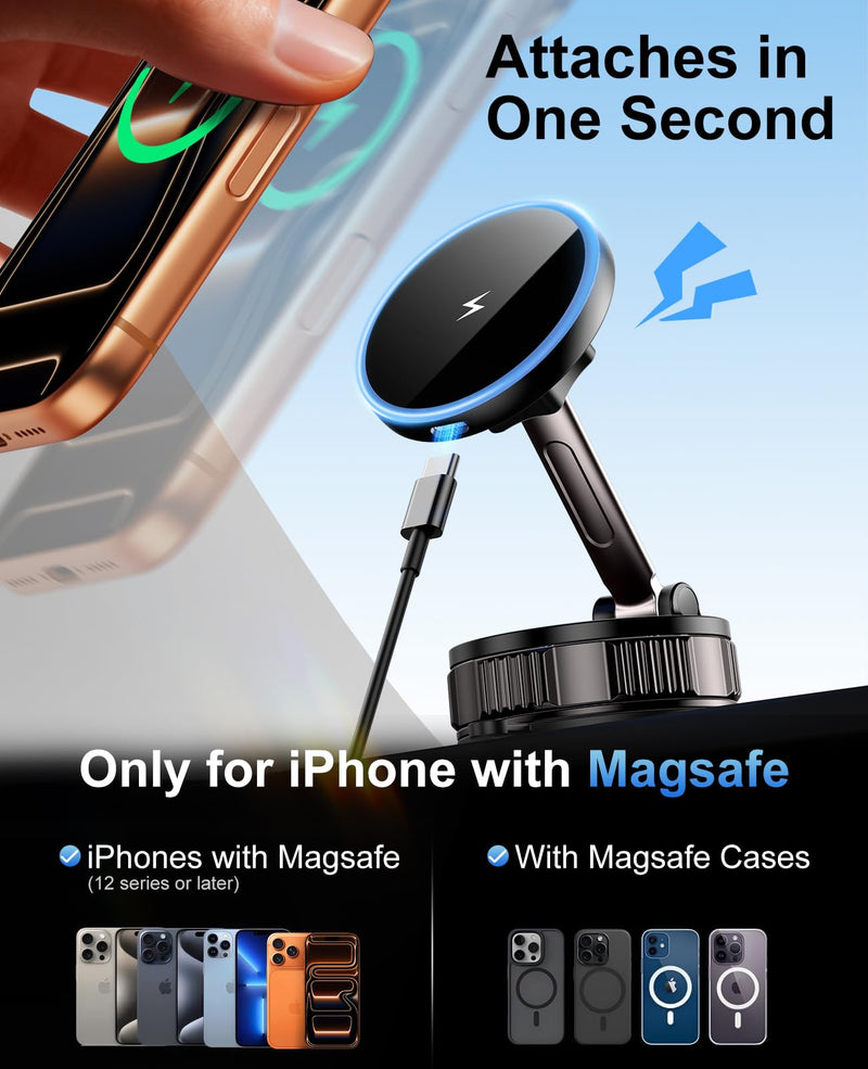 iPhone Magsafe Car Mount Charger 15W Fast Wireless Charging for Your car | [120+ LB Strongest Suction & 2800gf Strongest Magnetic] 360° Adjustable Car Phone Holders,for iPhone 17 16 15 14 13 12 series Black