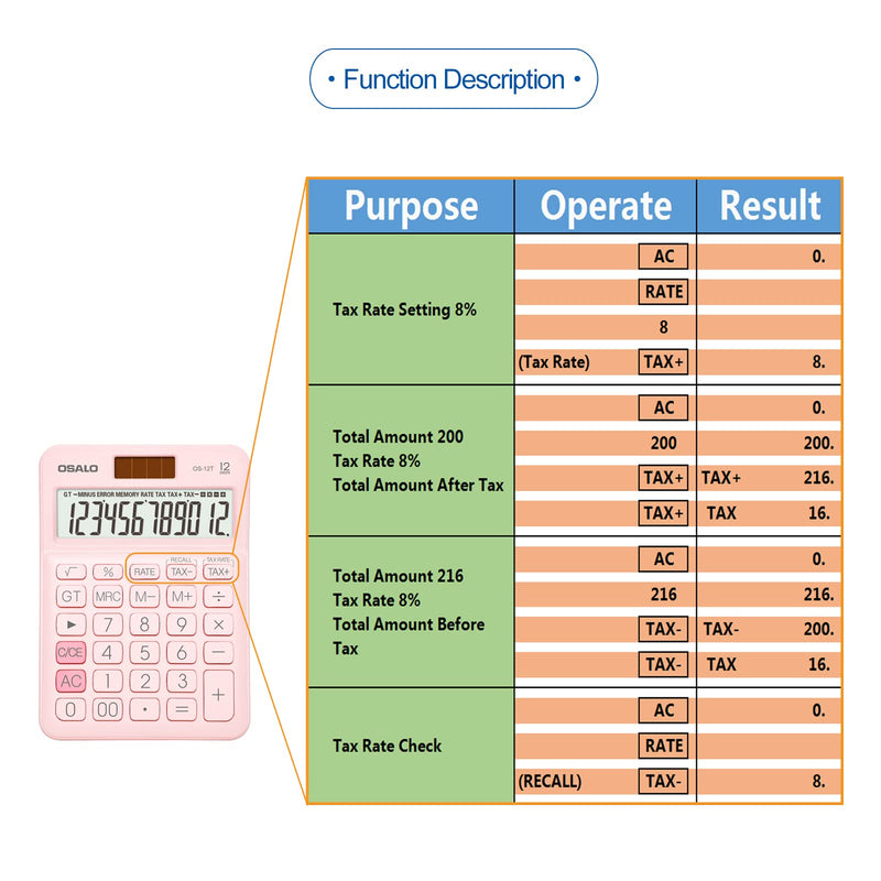 Pocket Small Size Desk Calculator, 12 Digit Large LCD Display, Basic Tax Function Handheld Desktop Calculator with Solar Battery Dual Power, Perfect for Office, School, Business OS-12T (Pink) 12T-Pink